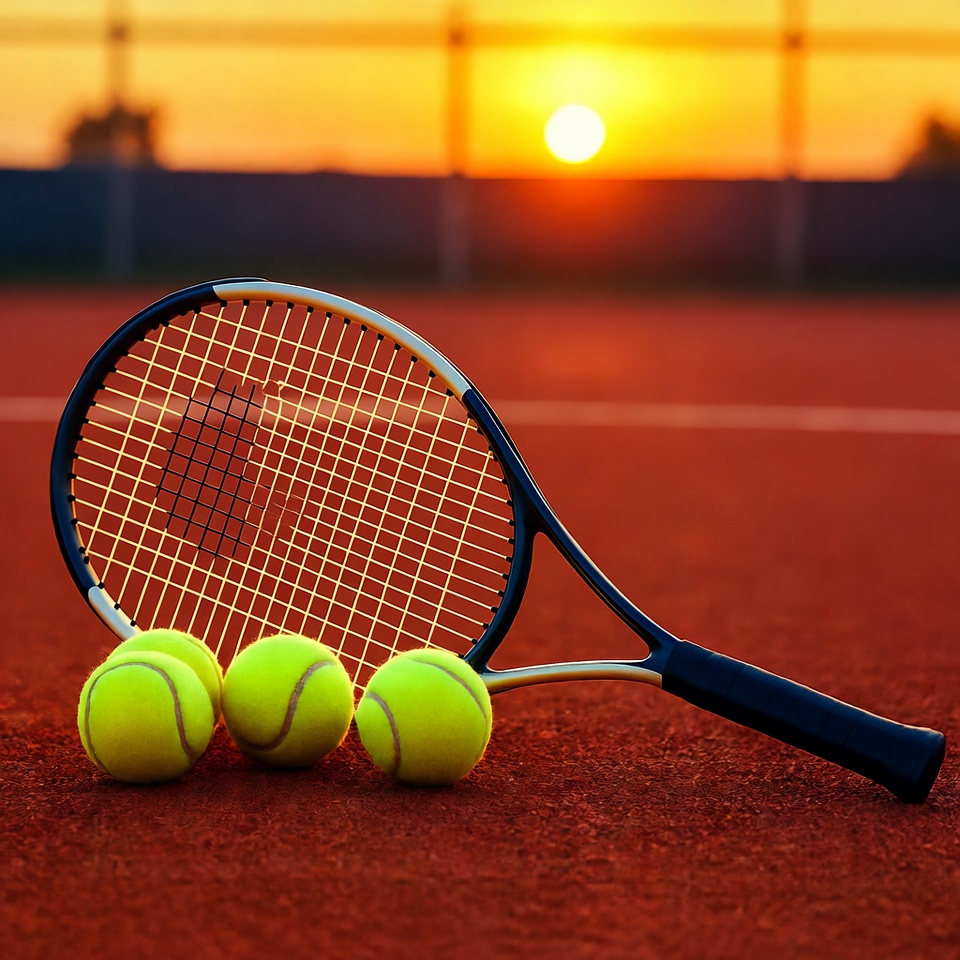Tennis racket and balls at sunset Tennis racket and balls at sunset