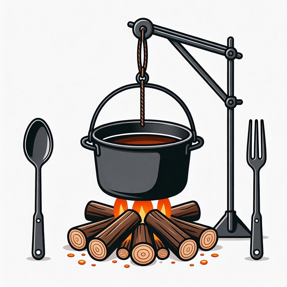 Campfire with suspended pot and utensils Campfire with suspended pot and utensils