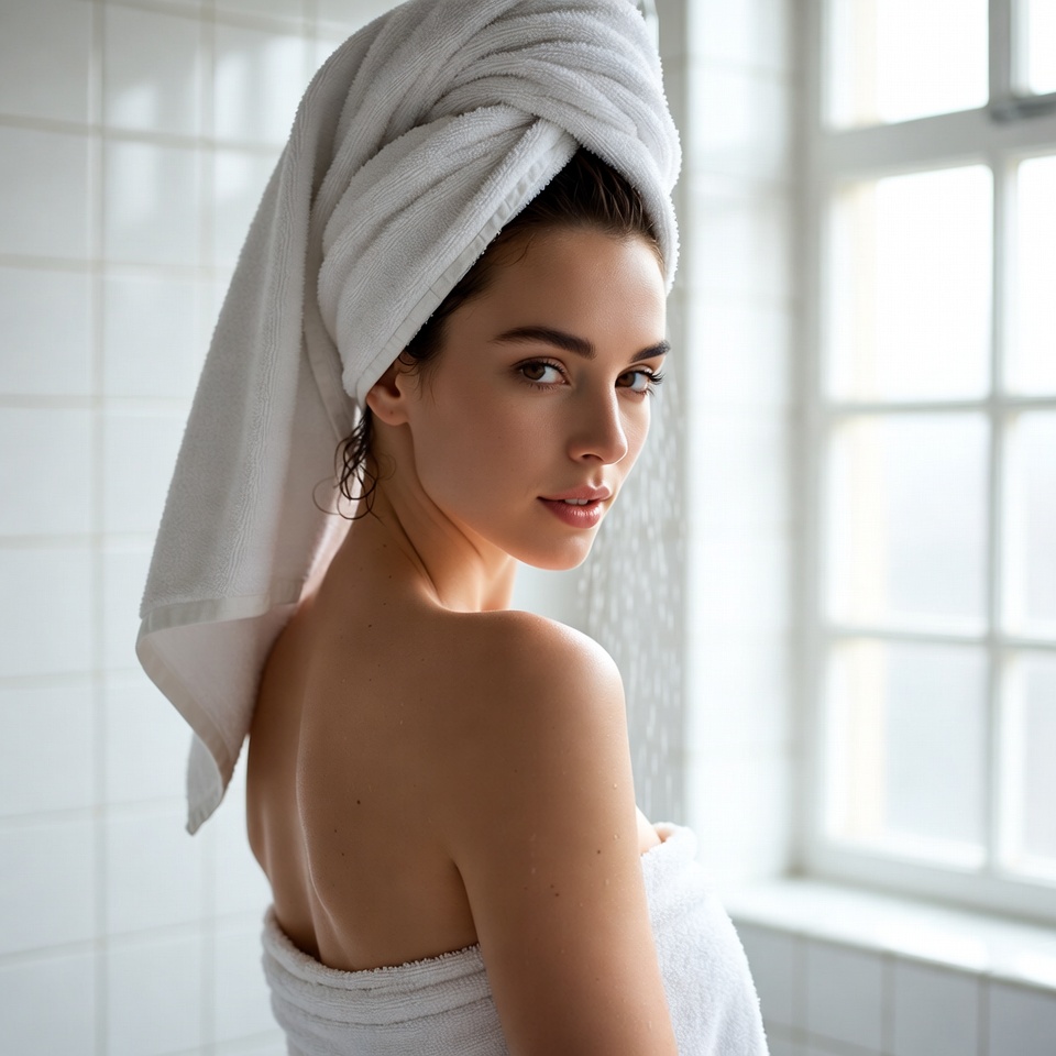 Woman in white towel in shower Woman in white towel in shower