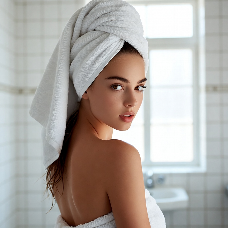 Woman with towel on head in bathroom Woman with towel on head in bathroom