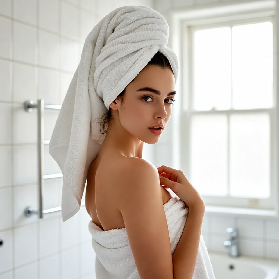 Woman in towel in bathroom Woman in towel in bathroom