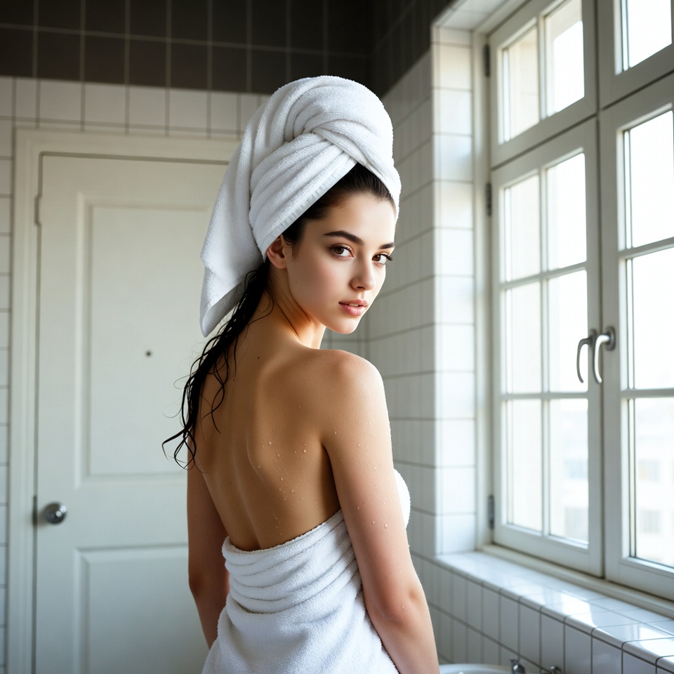 Woman in white towel bathroom Woman in white towel bathroom