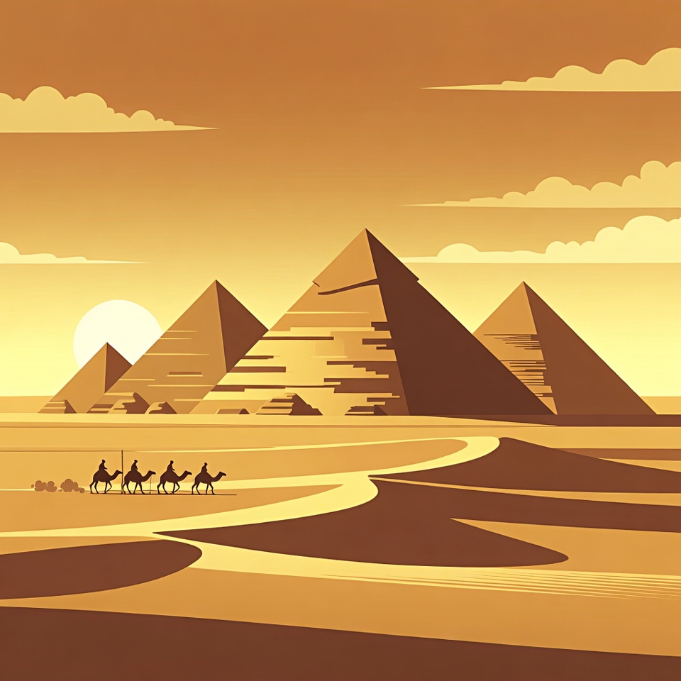 Camels and Pyramids at Sunset Camels and Pyramids at Sunset