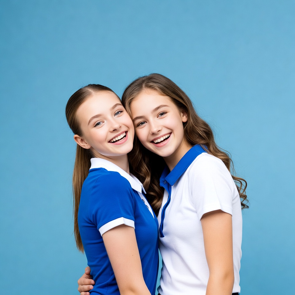 Two smiling teenage girls embracing Two smiling teenage girls embracing