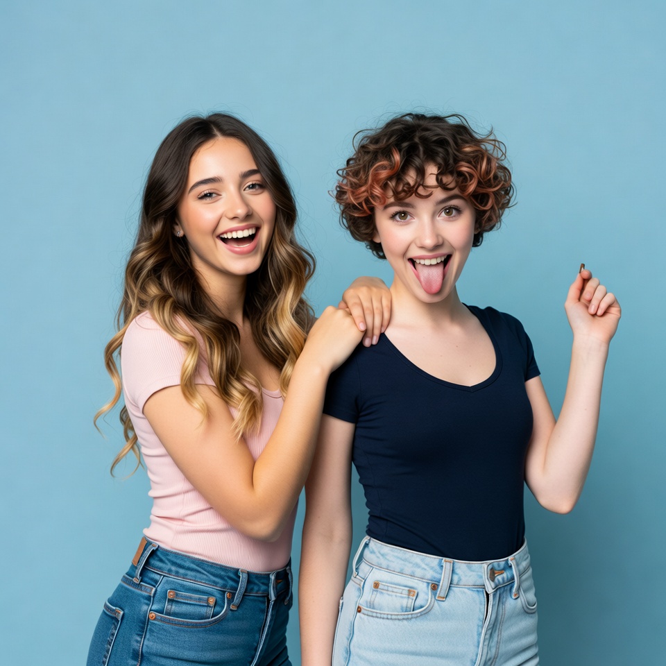 Two girls smiling with tongue out on blue background Two girls smiling with tongue out on blue background