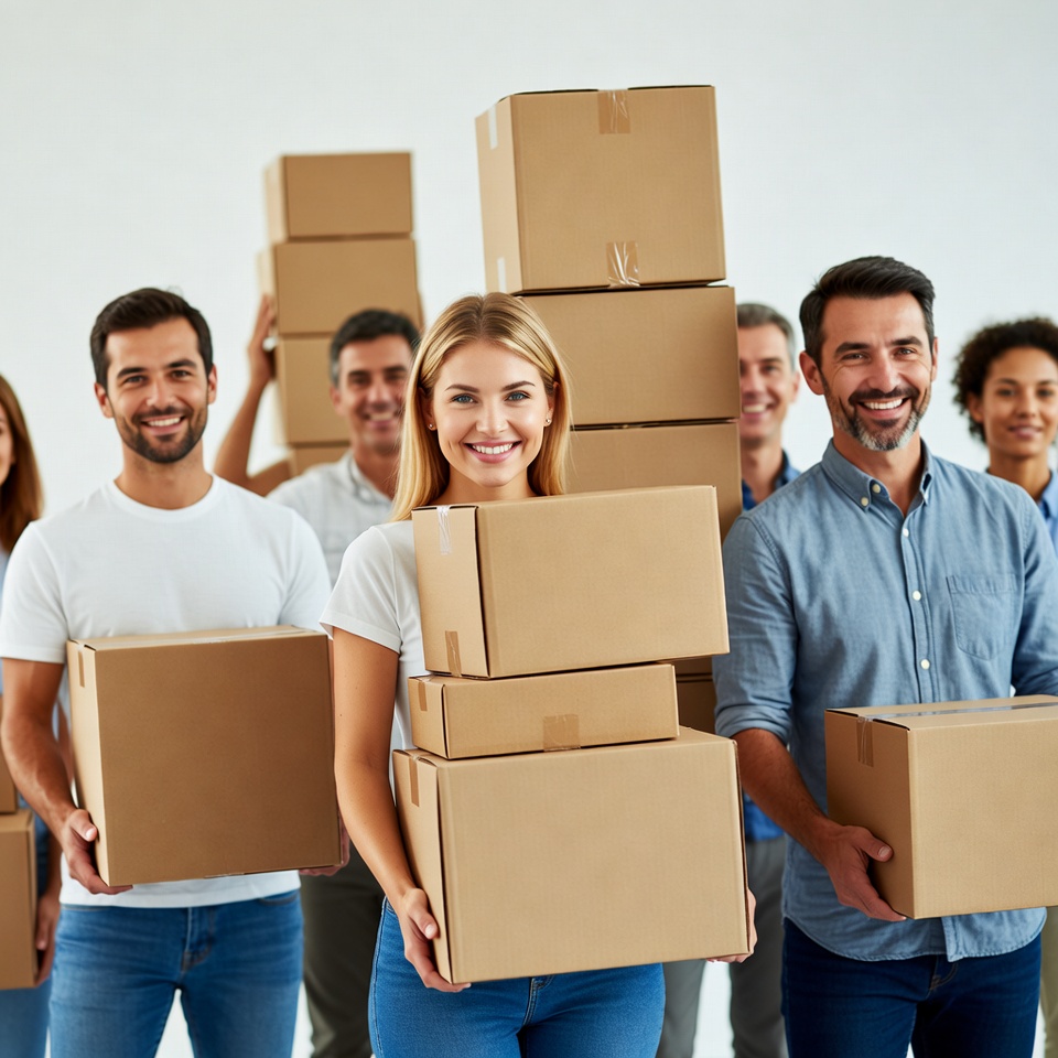 Diverse group holding cardboard boxes Diverse group holding cardboard boxes