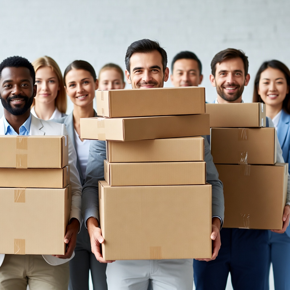 Diverse team holding cardboard boxes Diverse team holding cardboard boxes