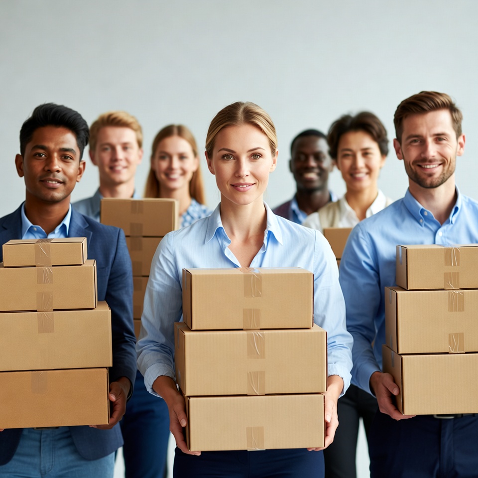 Diverse team holding cardboard boxes Diverse team holding cardboard boxes