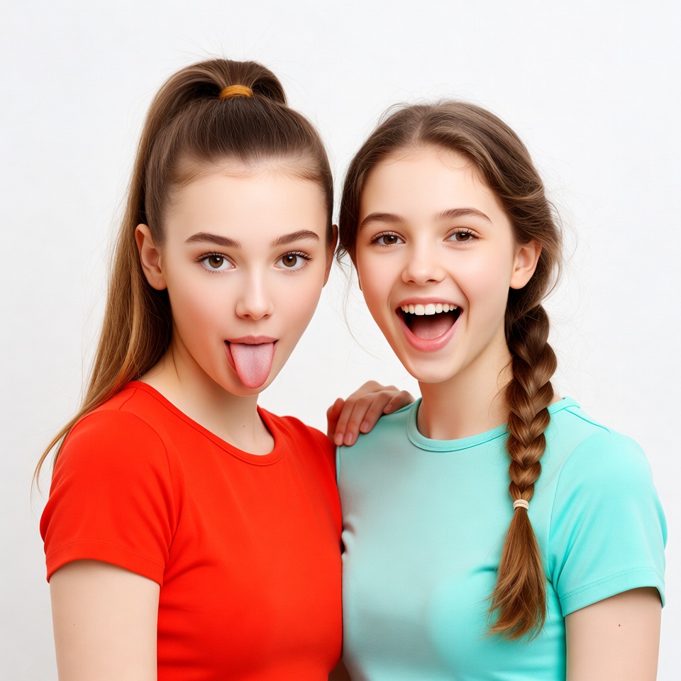 Two girls sticking tongue out smiling Two girls sticking tongue out smiling