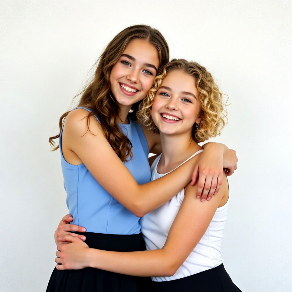 Two teenage girls hugging smiling Two teenage girls hugging smiling