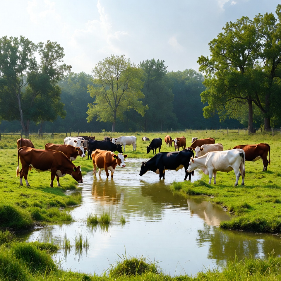 Cows drinking from stream in green pasture Cows drinking from stream in green pasture