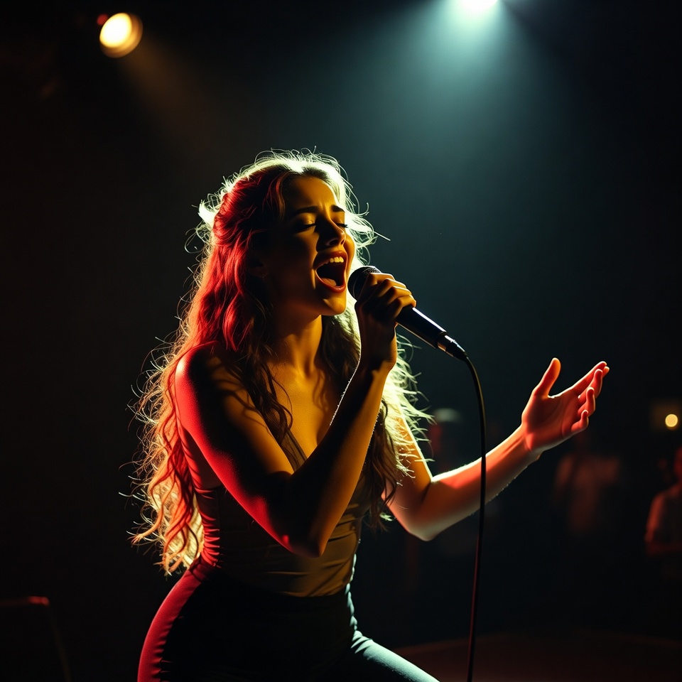 Woman singing passionately on stage Woman singing passionately on stage