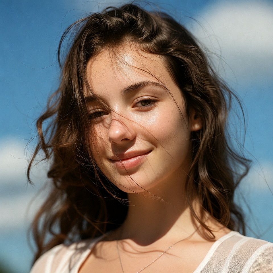 Smiling woman with wavy brown hair Smiling woman with wavy brown hair