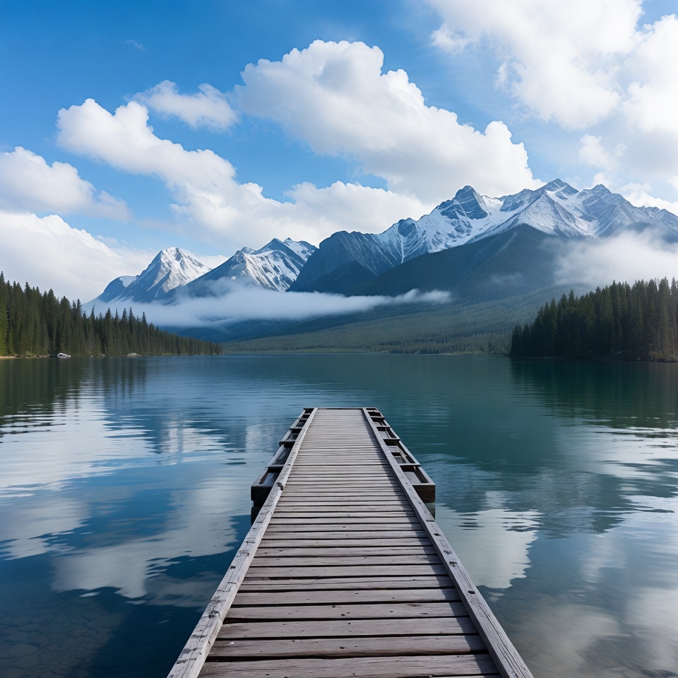 Wooden Pier into Mountain Lake Wooden Pier into Mountain Lake