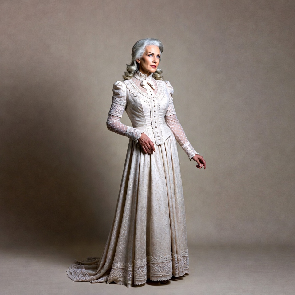 Elderly woman in white Victorian gown Elderly woman in white Victorian gown
