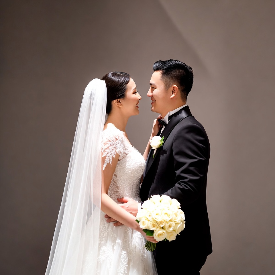 Asian bride and groom holding bouquet Asian bride and groom holding bouquet