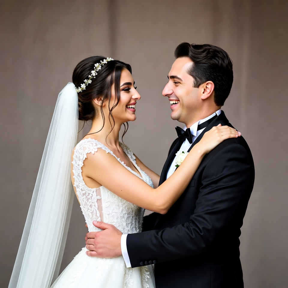 Bride and groom smiling embrace Bride and groom smiling embrace