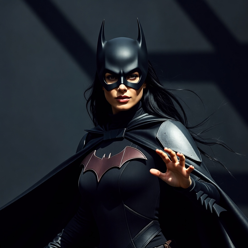 Batgirl in black costume posing heroically Batgirl in black costume posing heroically