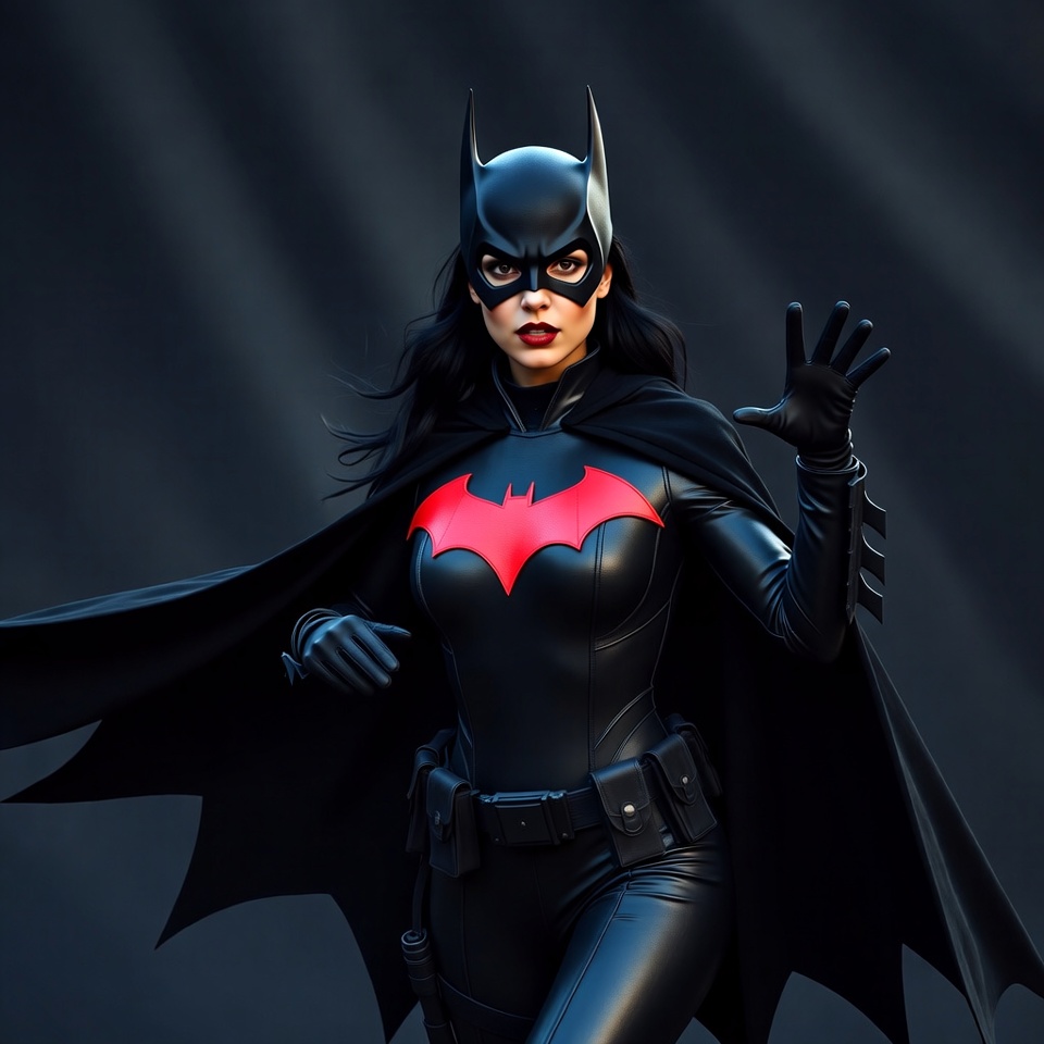 Batgirl in black batsuit raising hand Batgirl in black batsuit raising hand