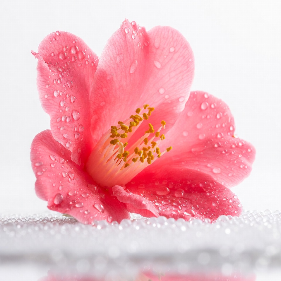Pink Camellia Flower with Dew Drops Pink Camellia Flower with Dew Drops