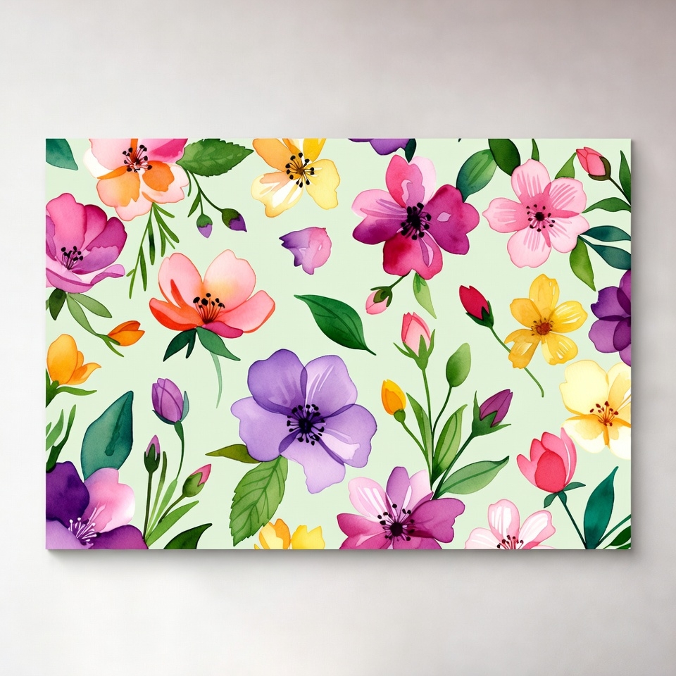 Watercolor Flowers on Light Green Background Watercolor Flowers on Light Green Background