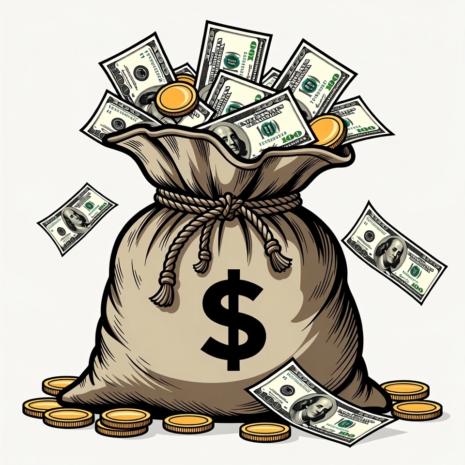 Money Bag Overflowing with Dollars and Coins Money Bag Overflowing with Dollars and Coins