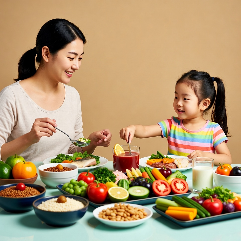 Asian mother feeding toddler healthy meal Asian mother feeding toddler healthy meal