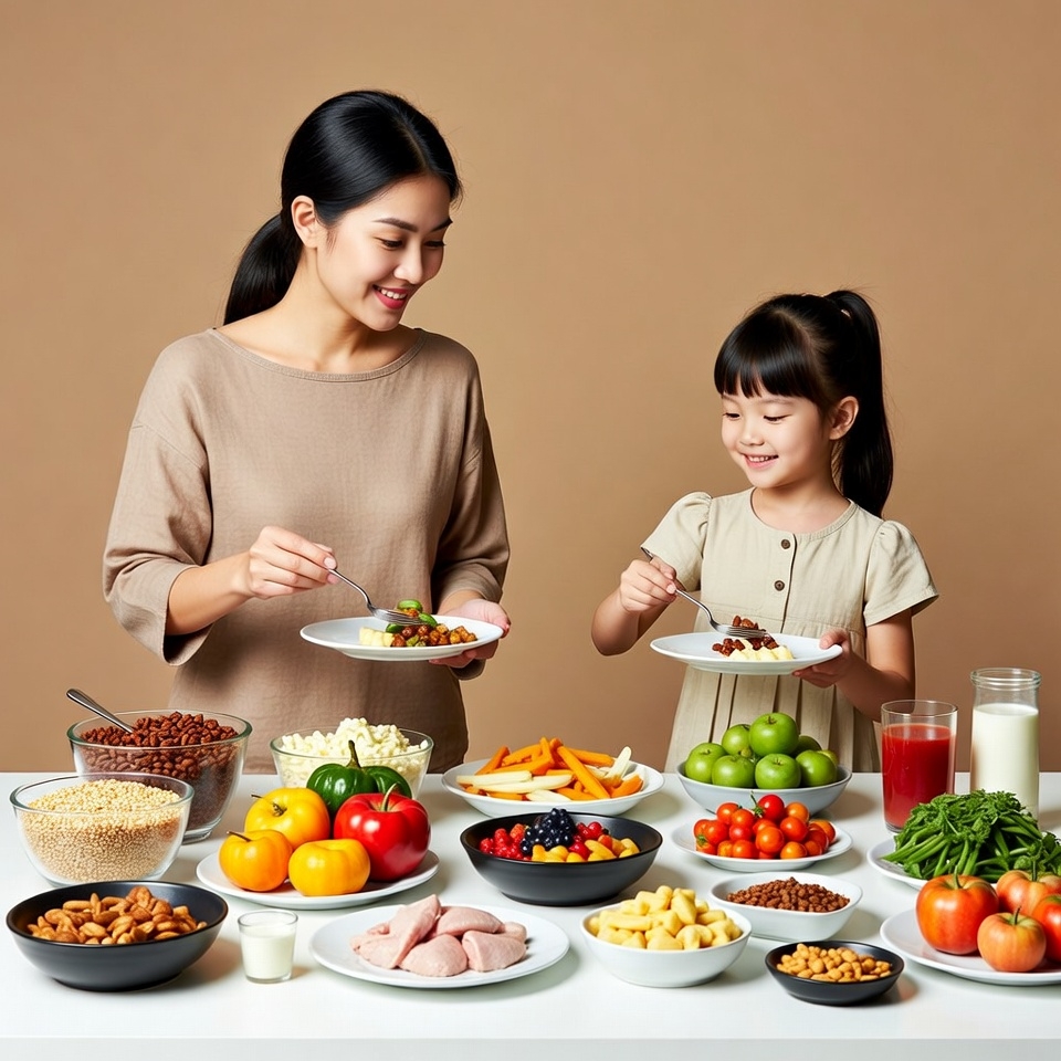 Asian mother and daughter eating healthy food Asian mother and daughter eating healthy food