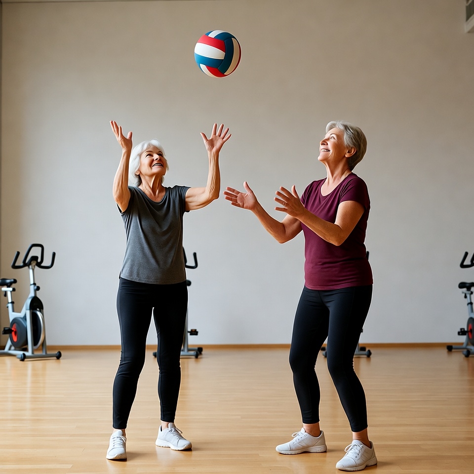 Two elderly women playing volleyball Two elderly women playing volleyball