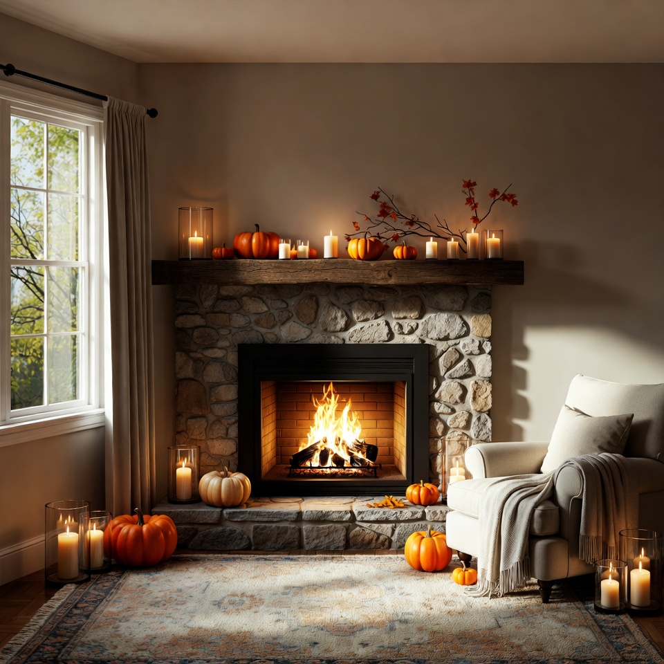 Cozy Living Room Fireplace with Pumpkins Cozy Living Room Fireplace with Pumpkins