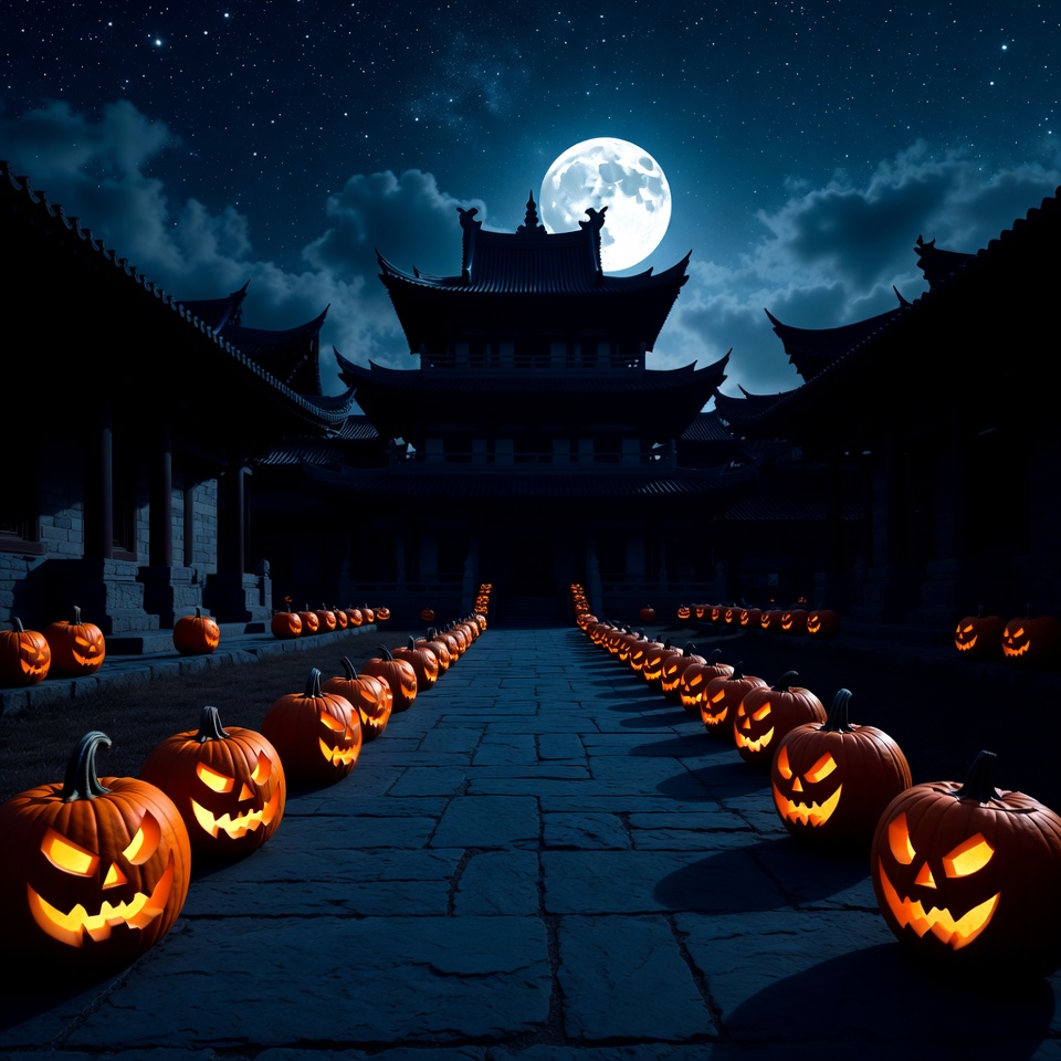 Halloween Pumpkins Leading to Chinese Temple Halloween Pumpkins Leading to Chinese Temple