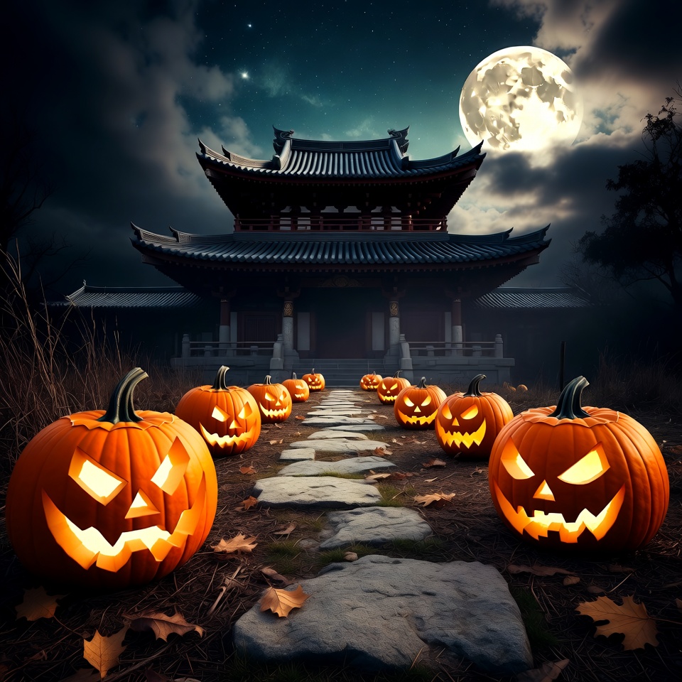 Halloween Pumpkins Leading to Japanese Temple Halloween Pumpkins Leading to Japanese Temple