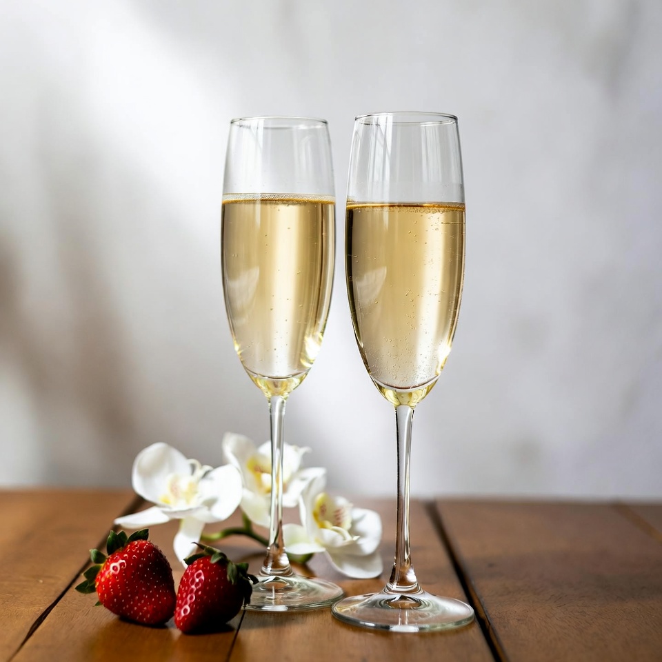 Two Champagne Glasses with Strawberries Two Champagne Glasses with Strawberries