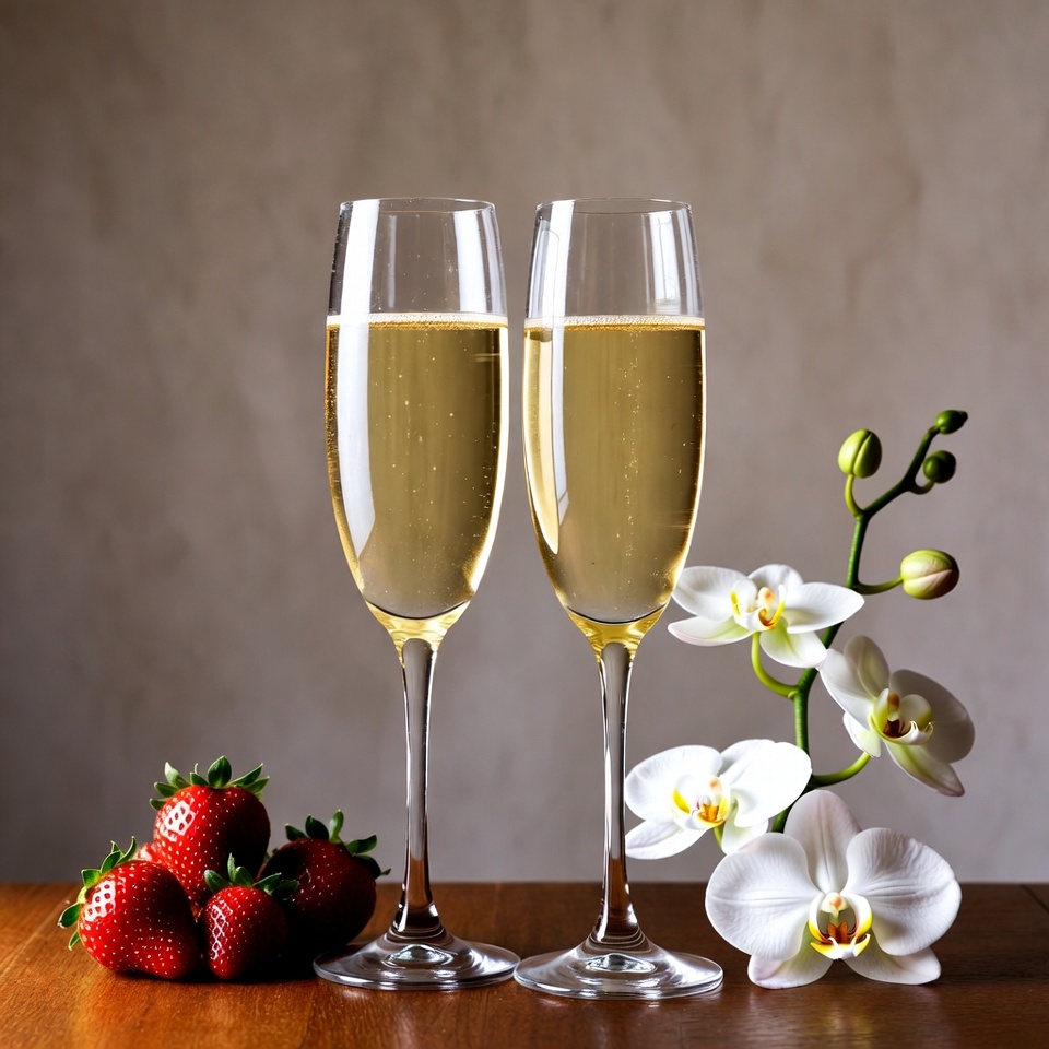 Two Champagne Glasses with Strawberries and Orchids Two Champagne Glasses with Strawberries and Orchids