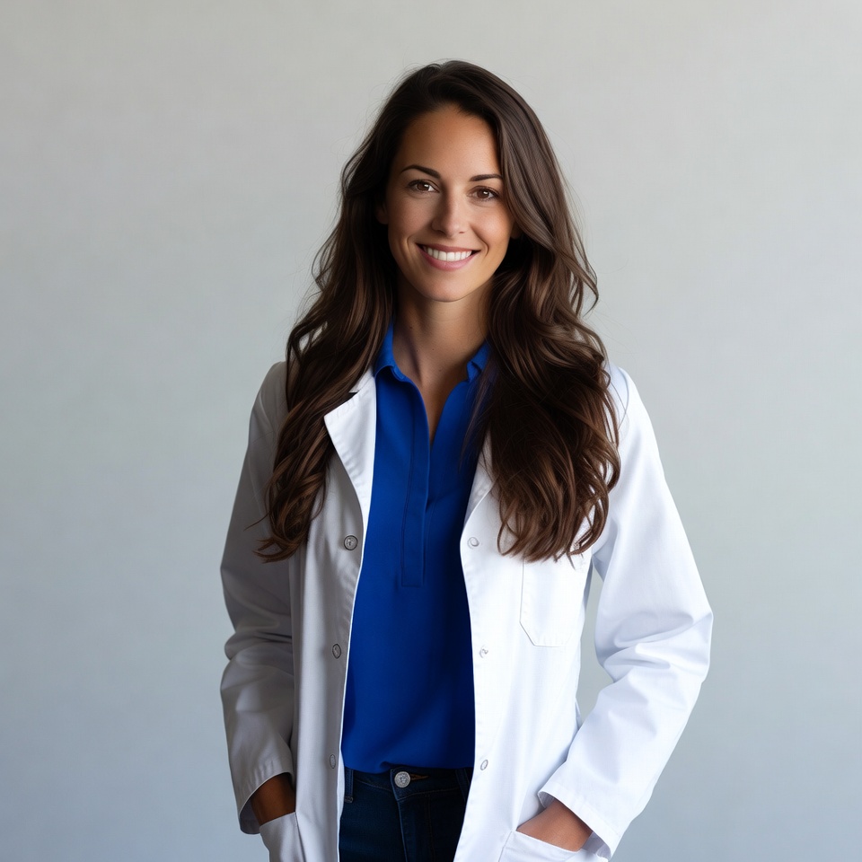 Smiling woman doctor in white lab coat Smiling woman doctor in white lab coat