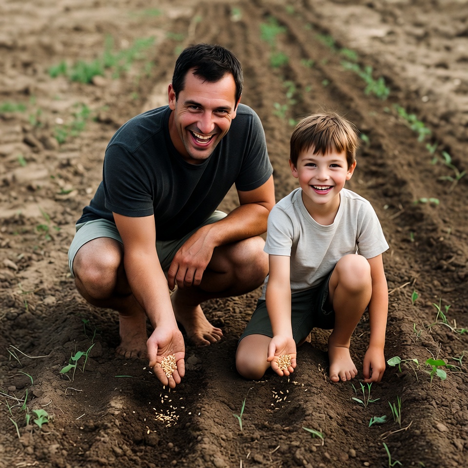 Father and son planting seeds in field Father and son planting seeds in field