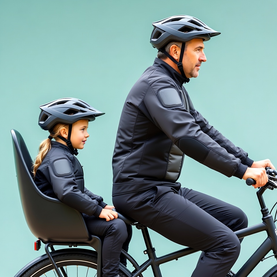 Father biking with daughter in child seat Father biking with daughter in child seat