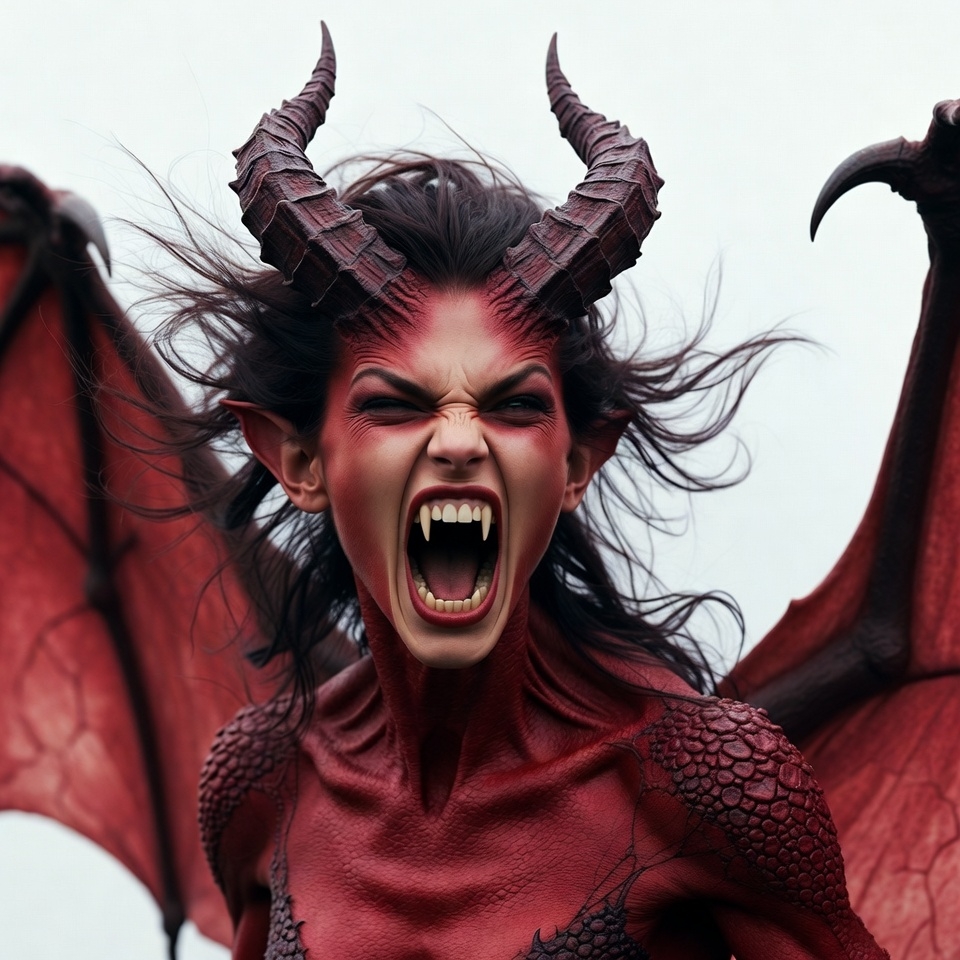 Demonic woman roaring with wings Demonic woman roaring with wings