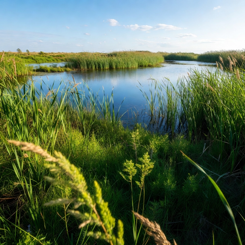Reed-fringed lake in green marsh Reed-fringed lake in green marsh