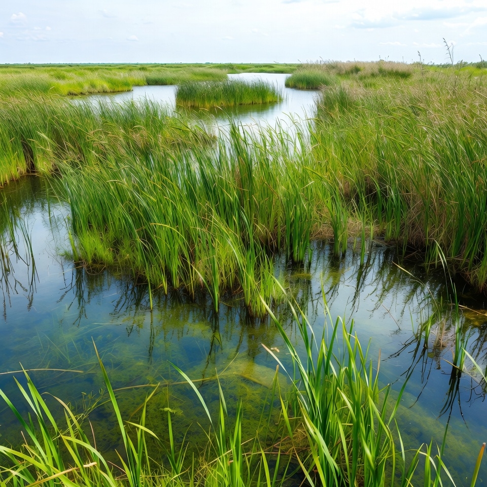 Marshland with winding waterways and reeds Marshland with winding waterways and reeds
