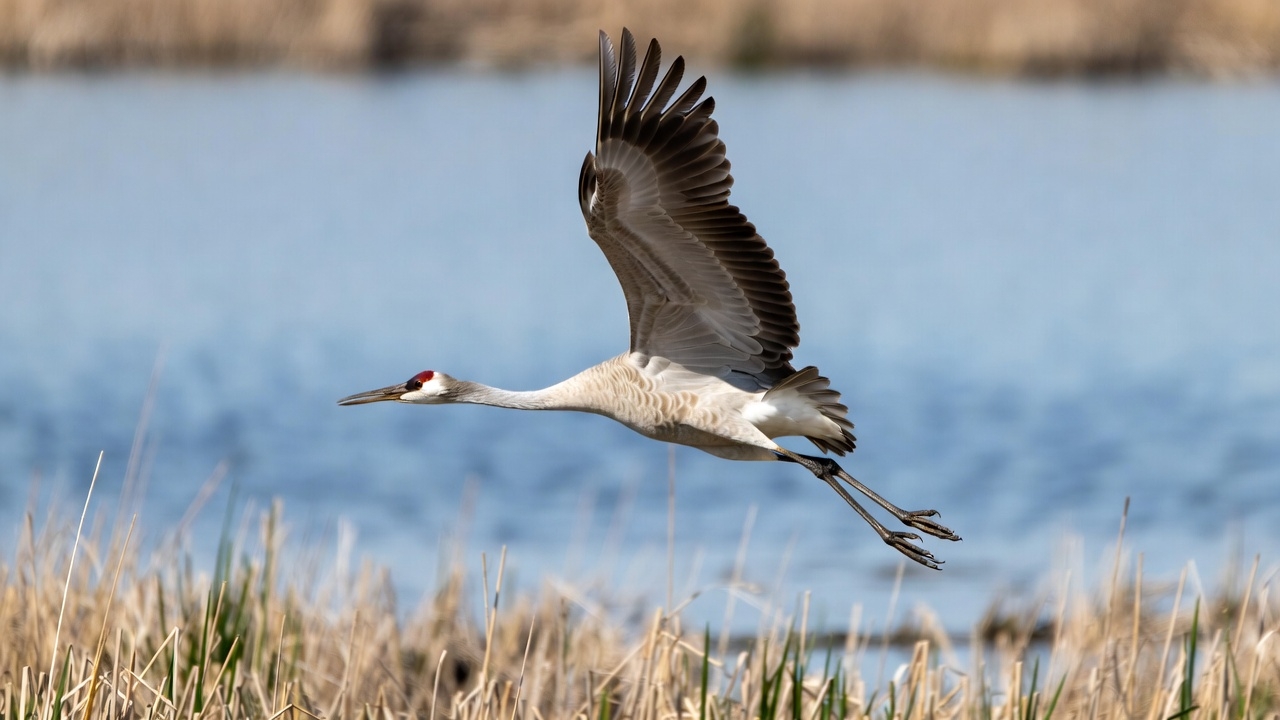 Sandhill Crane Flying over Water Sandhill Crane Flying over Water