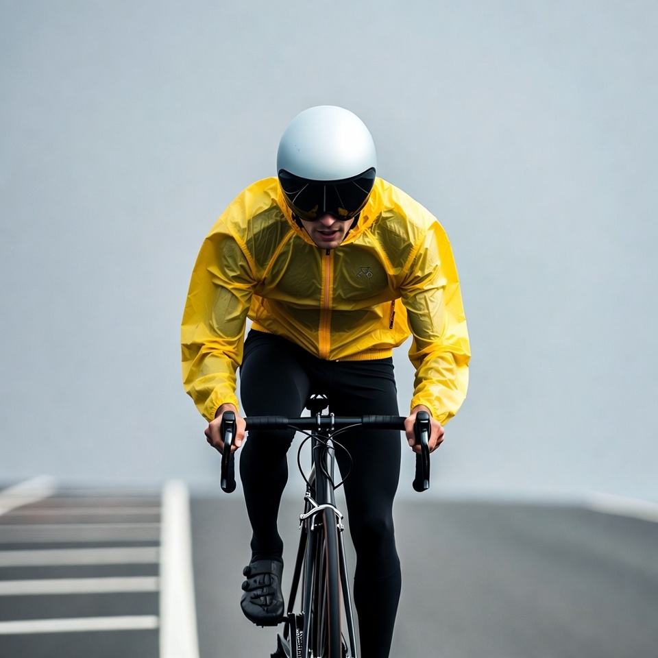 Man cycling in yellow rain jacket Man cycling in yellow rain jacket