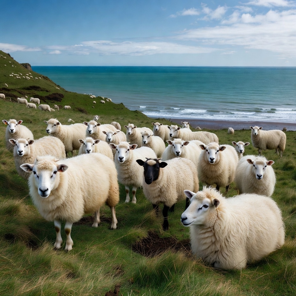 Sheep flock on grassy cliff overlooking ocean Sheep flock on grassy cliff overlooking ocean