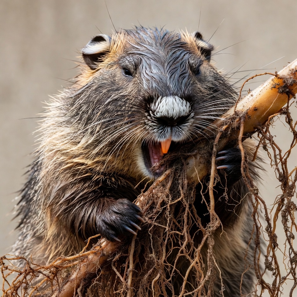 Wet beaver chewing roots Wet beaver chewing roots