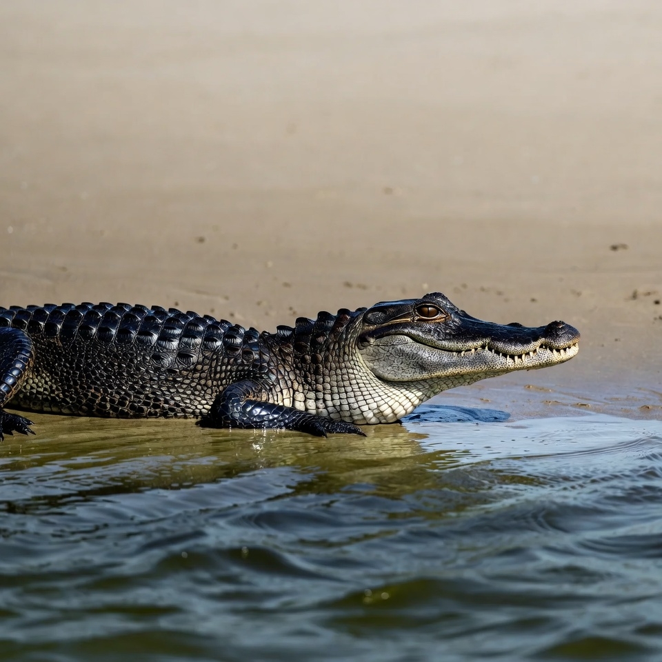 Alligator on sandy beach shore Alligator on sandy beach shore