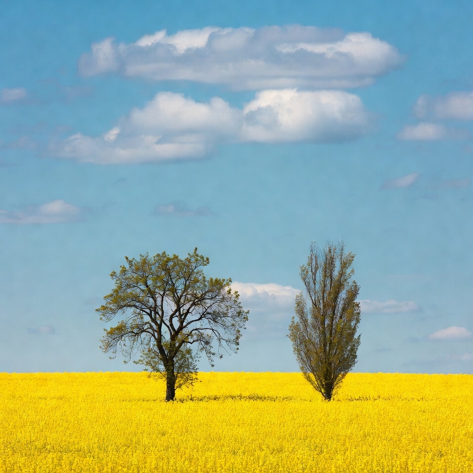 Two Trees in Yellow Rapeseed Field Two Trees in Yellow Rapeseed Field