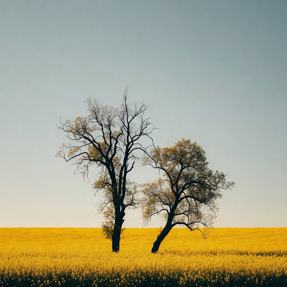 Two Bare Trees in Yellow Field Two Bare Trees in Yellow Field