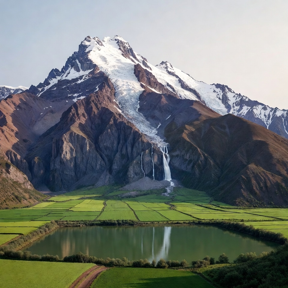 Snowy Mountain Waterfall Green Fields Lake Snowy Mountain Waterfall Green Fields Lake