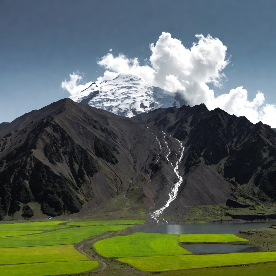 Snowy volcano over green rice fields Snowy volcano over green rice fields