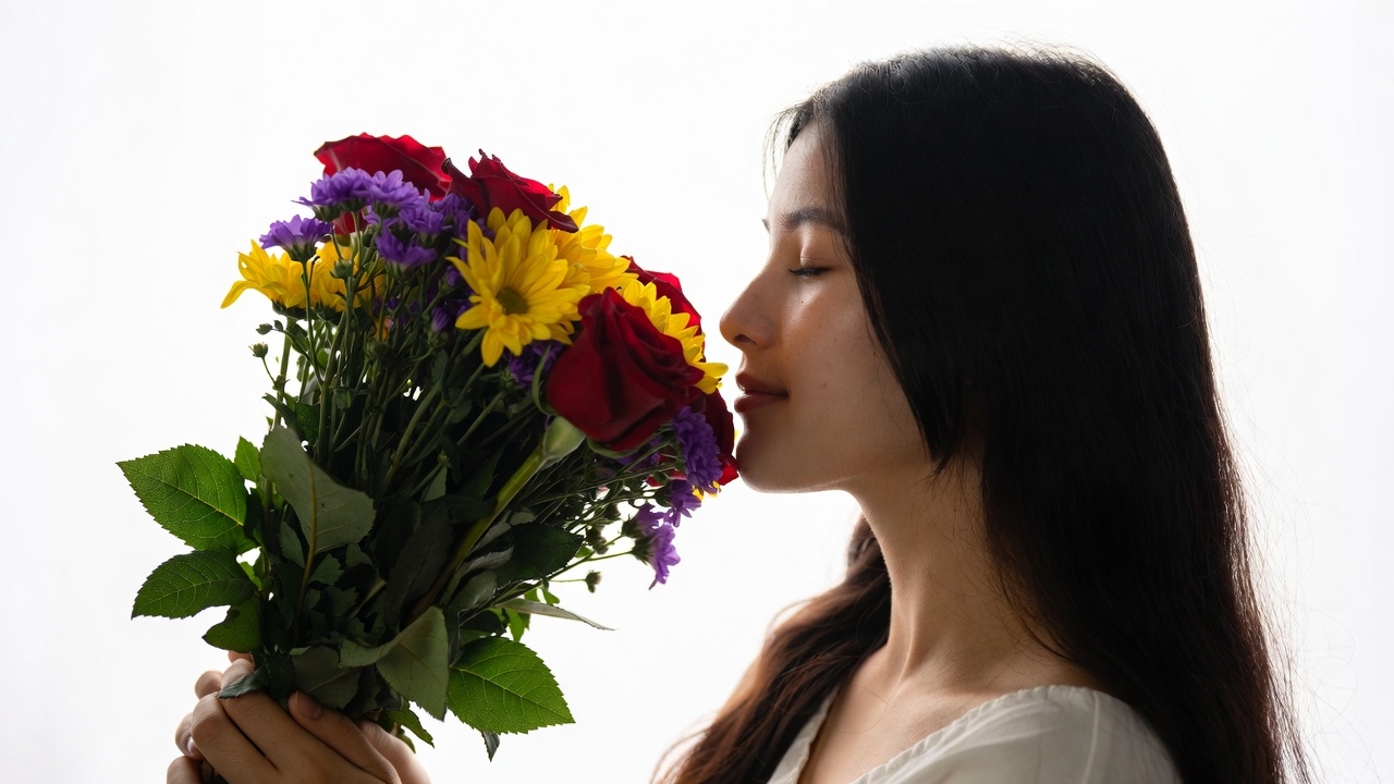 Asian woman smelling colorful bouquet Asian woman smelling colorful bouquet